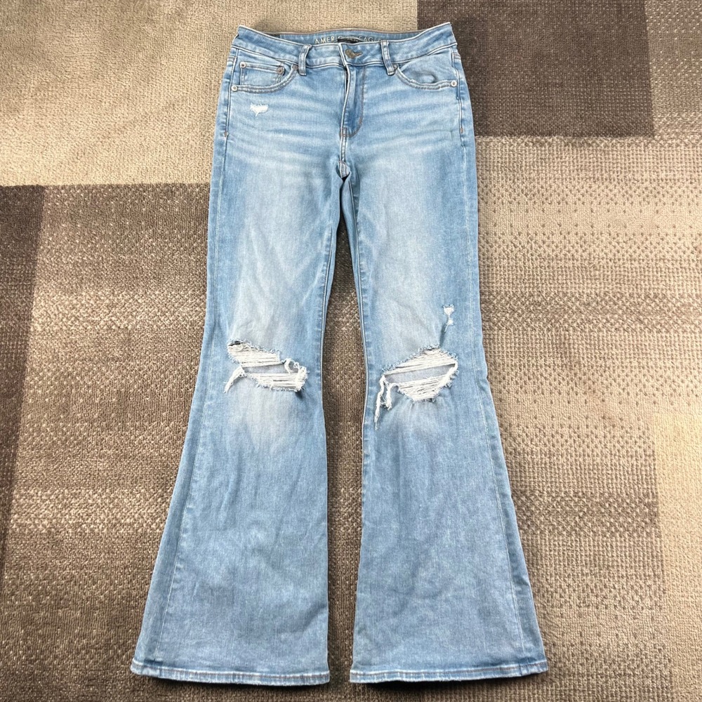 American Eagle Low Rise Flare Jeans Light Wash Distressed Size 4 Regular Boho